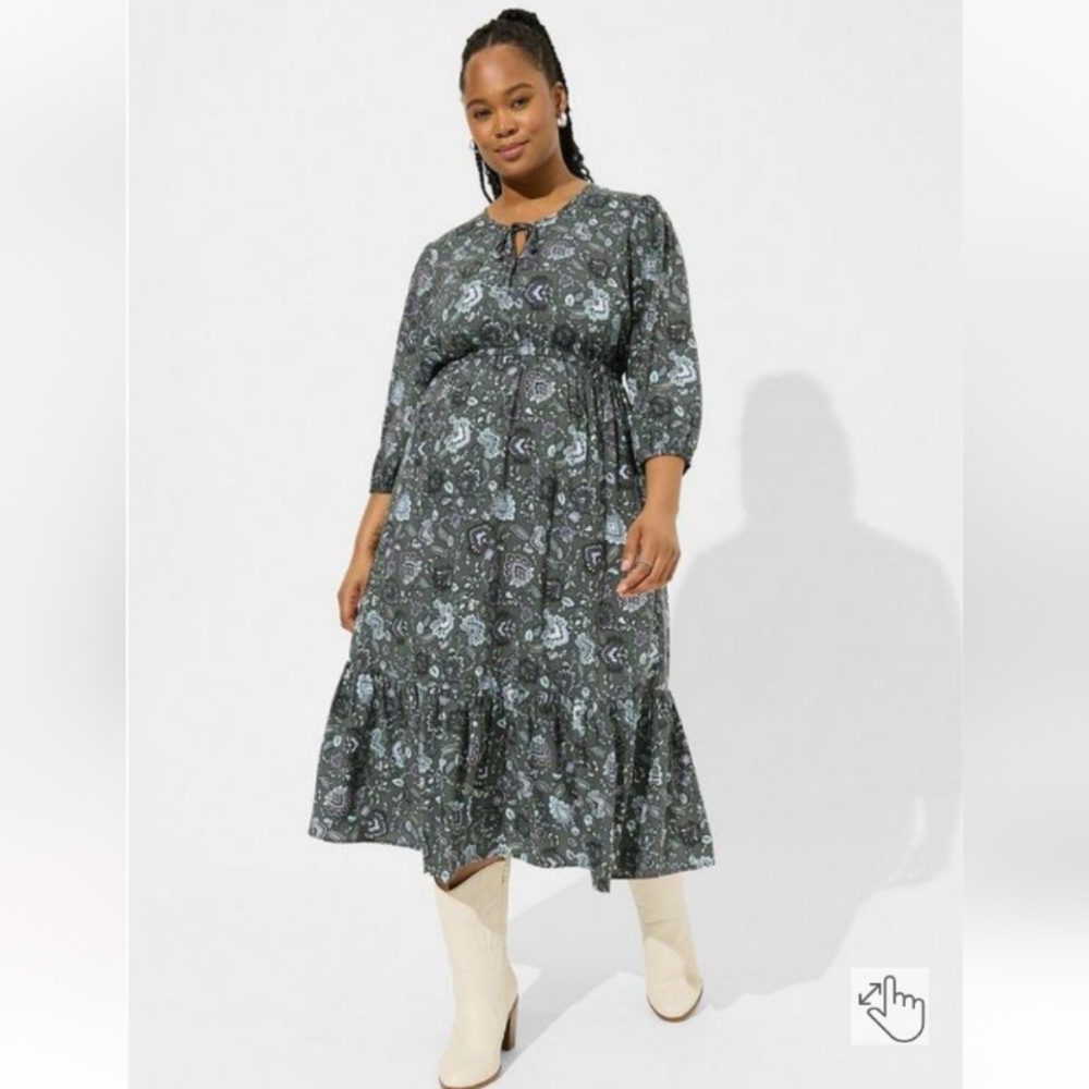 New Torrid 1X(14/16)Tea Length Challis Tie-Front Tiered A-line Dress-Paisley NWT